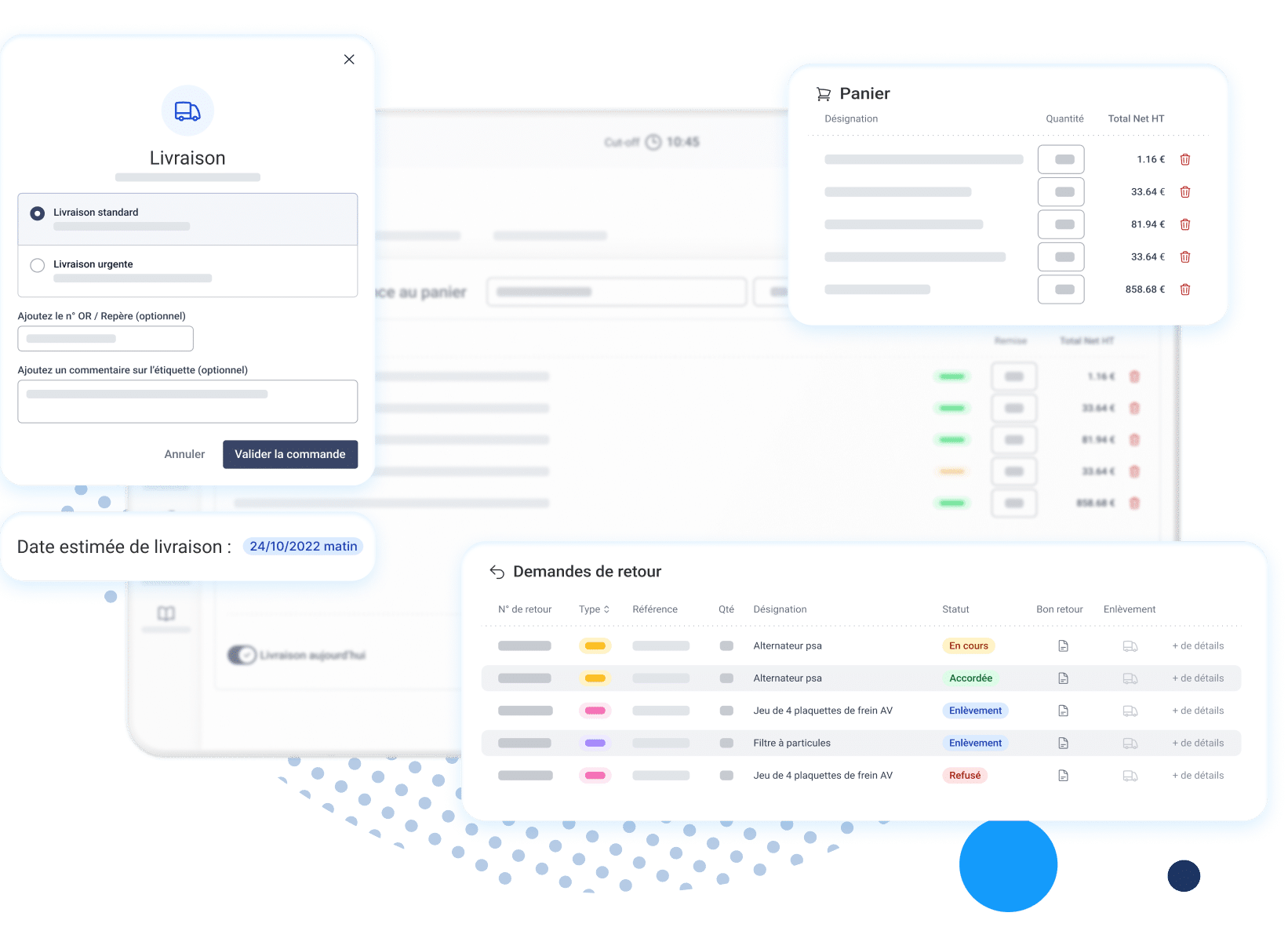 interface progicar multiparts montrant panier de commande, demande de retour et livraison