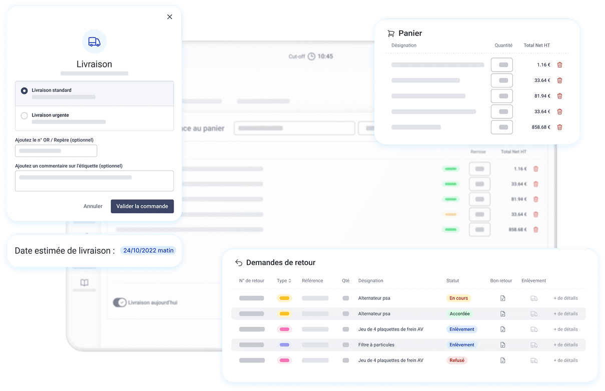 interface logiciel multiparts montrant statut de livraison, demande de retours pièces et le panier de commande