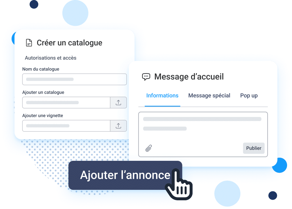interface logiciel progicar multiparts montrant la gestion de l'interface client, l'ajout de catalogue et d'un message d'accueil